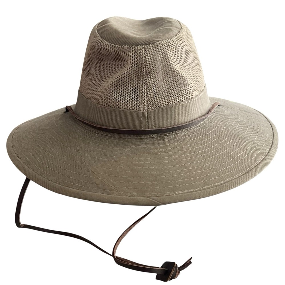 Dorfman Pacific‎ Outdoor Hat Wide Brim Mesh Crown Chin Cord Khaki